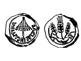 Coin of Herod Agrippa I. Left: three ears of corn from on stalk. Right: `King Agrippa`, fringed umbrella.